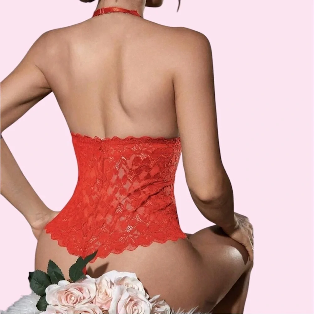 Red Lace Halter Bodysuit Lingerie. New.‎ Sizes M, L, XL